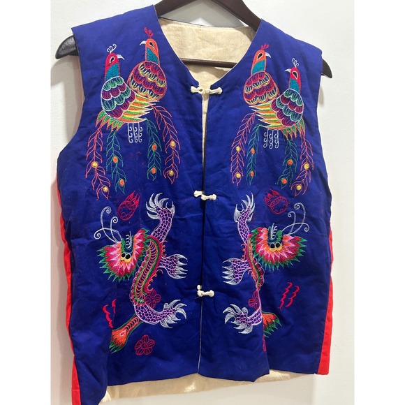 Jackets & Blazers - Vintage Chinese Folk Art Embroidered Vest Dragon Phoenix Blue Red Patchwork